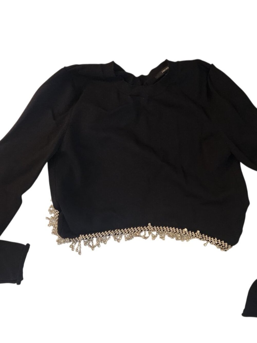 Forever 21 Crystal Rhinestone Open Back Cropped Crewneck Black Sweater Size S